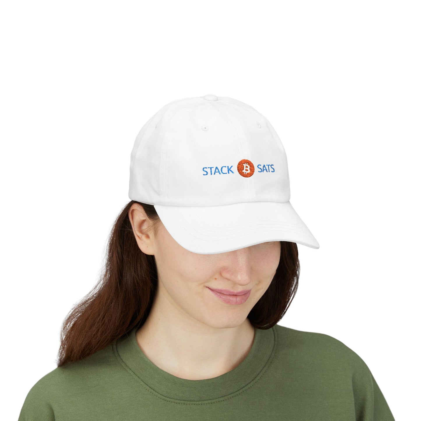 Dad hat with embroidered “Stack ₿ Sats” text – Bitcoin minimalist design by HODL Haus