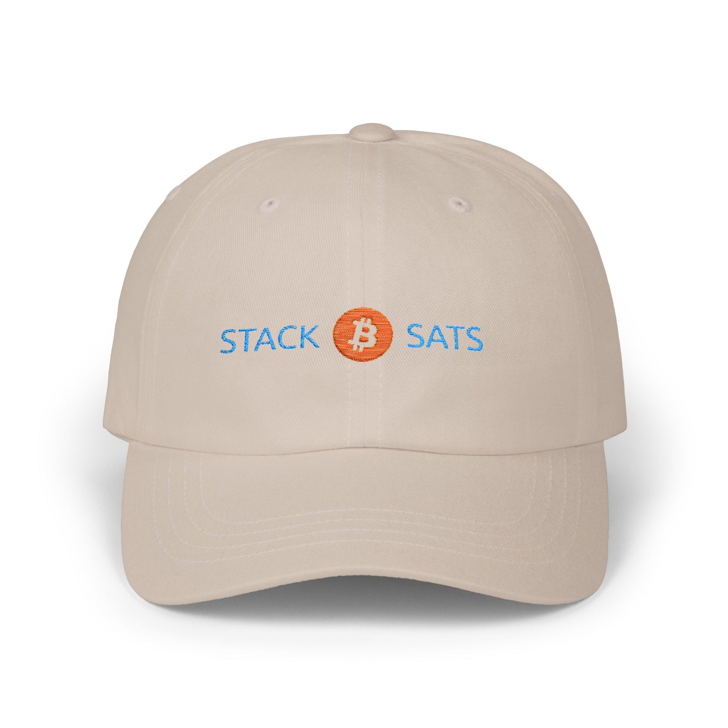 Stone dad hat with embroidered “Stack ₿ Sats” text – Bitcoin minimalist design by HODL Haus.