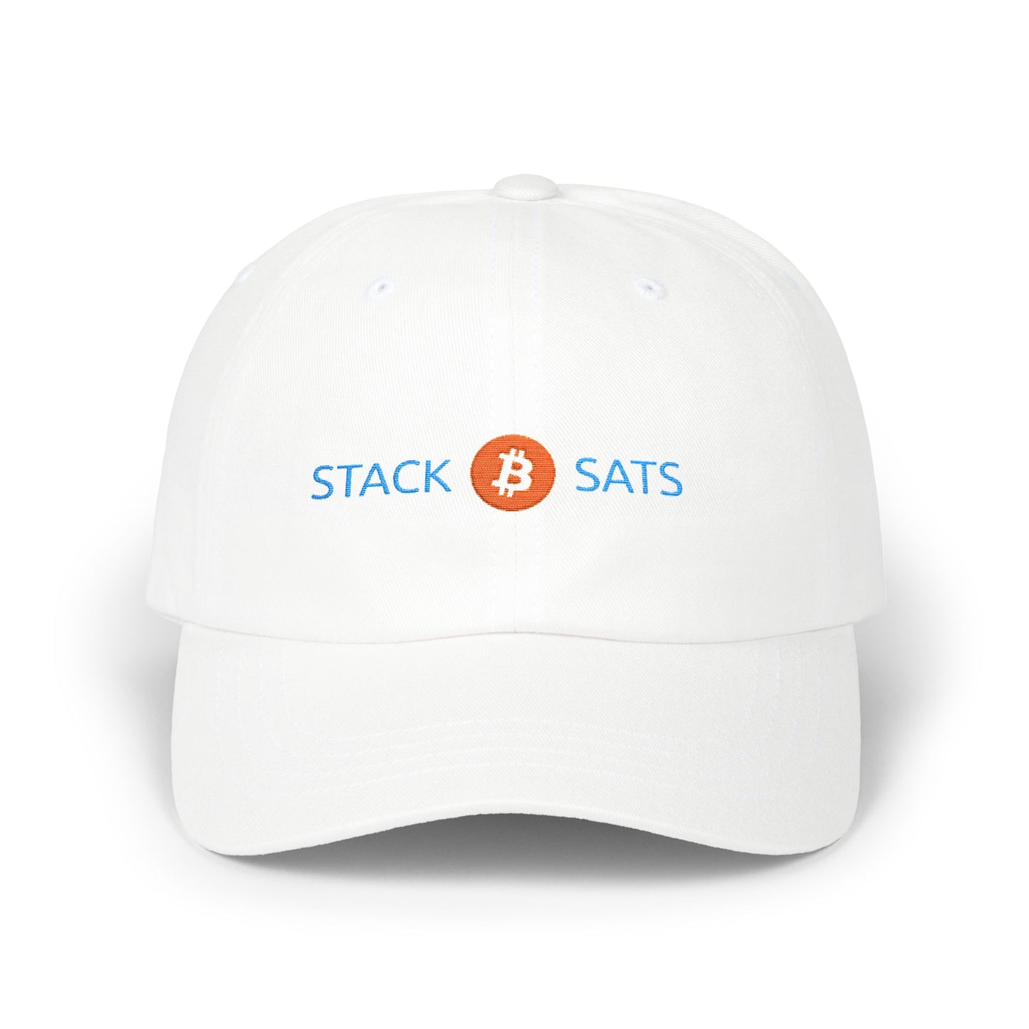 White dad hat with embroidered “Stack ₿ Sats” text – Bitcoin minimalist design by HODL Haus.