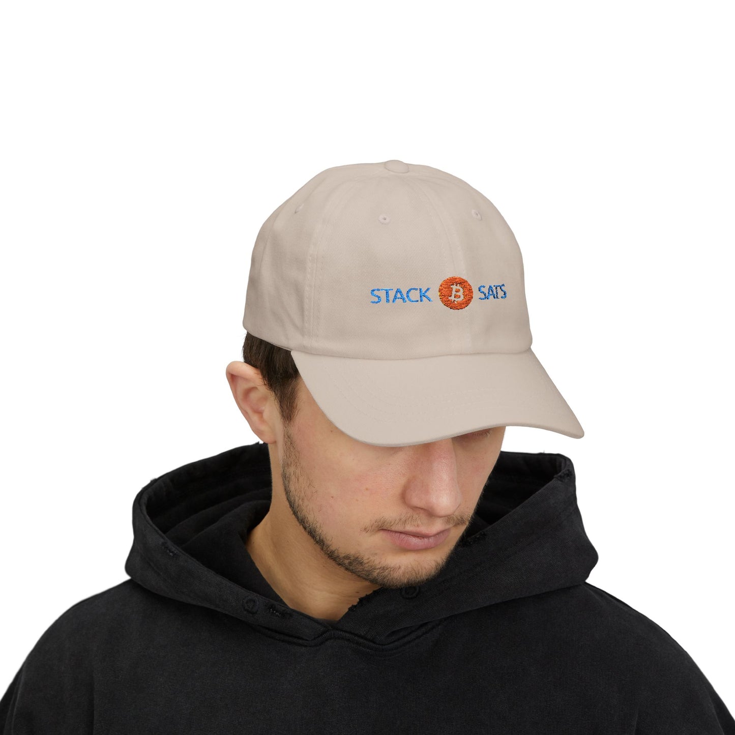 Dad hat with embroidered “Stack ₿ Sats” text – Bitcoin minimalist design by HODL Haus