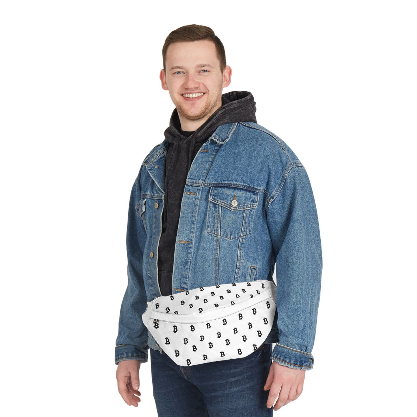 White HODL Haus fanny pack with repeating black Bitcoin symbols, adjustable black strap, and zippered compartments for stylish, secure storage.