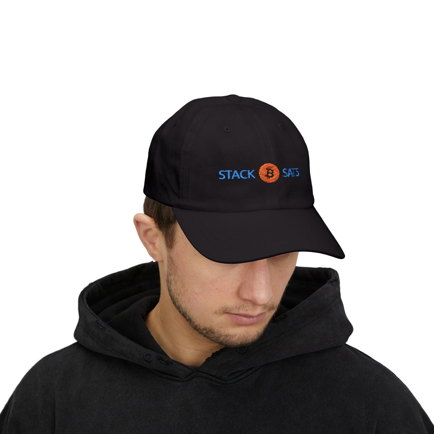 Dad hat with embroidered “Stack ₿ Sats” text – Bitcoin minimalist design by HODL Haus