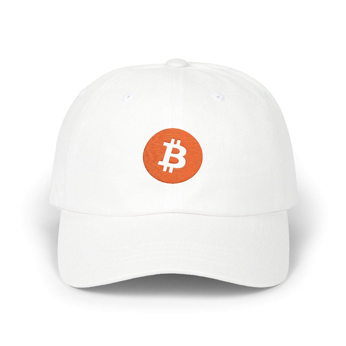 Dad hat with embroidered Bitcoin logo – minimalist crypto headwear by HODL Haus.