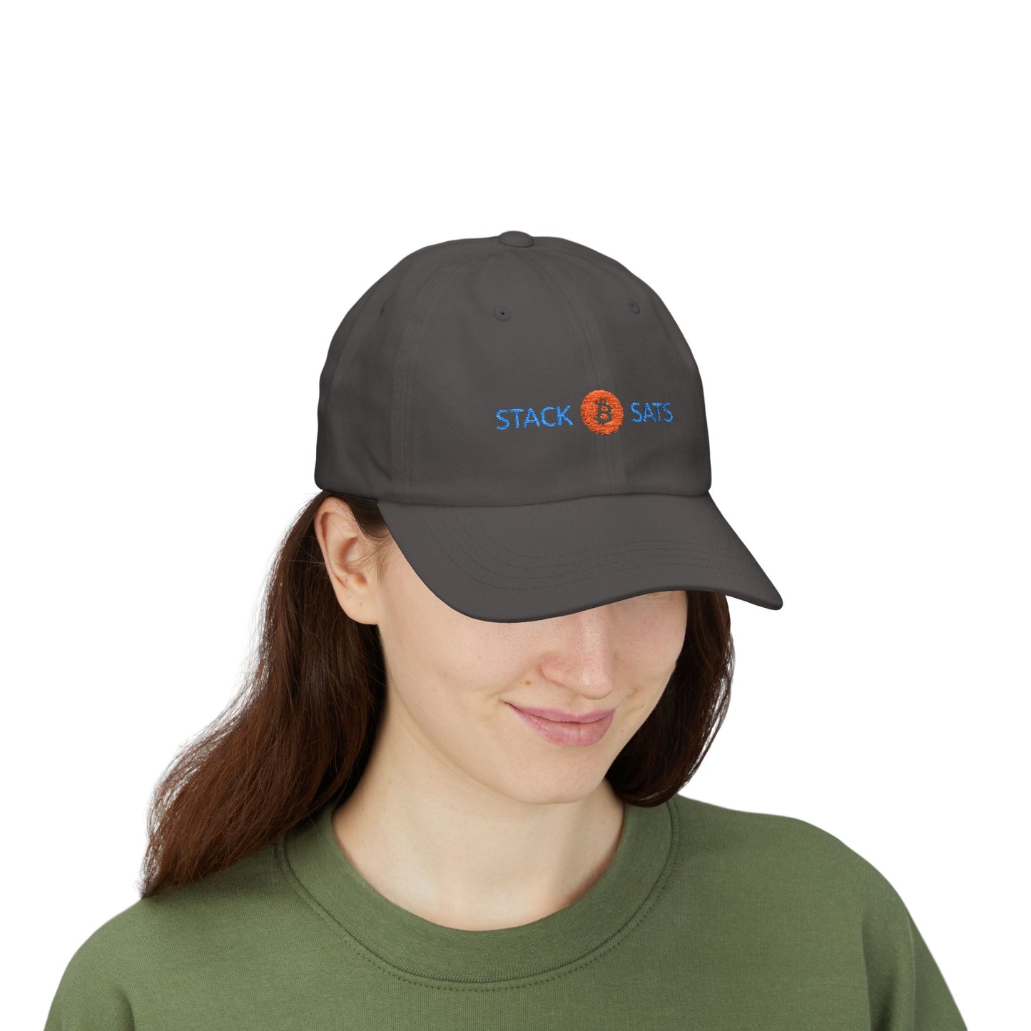 Dad hat with embroidered “Stack ₿ Sats” text – Bitcoin minimalist design by HODL Haus