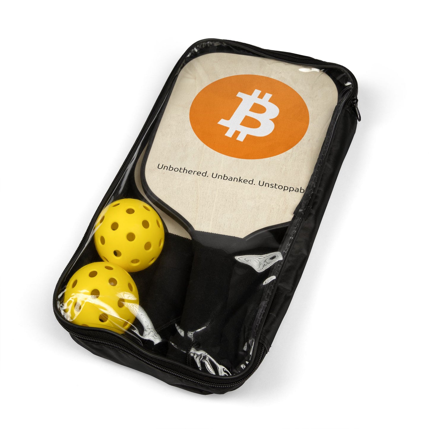 Bitcoin pickleball paddle set with ₿ symbol and “Unbothered. Unbanked. Unstoppable.” slogan, includes carry bag and balls.