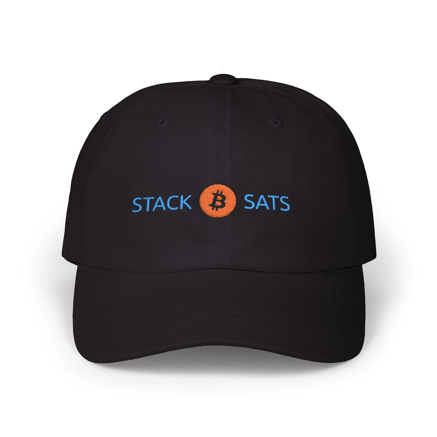 Black dad hat with embroidered “Stack ₿ Sats” text – Bitcoin minimalist design by HODL Haus.