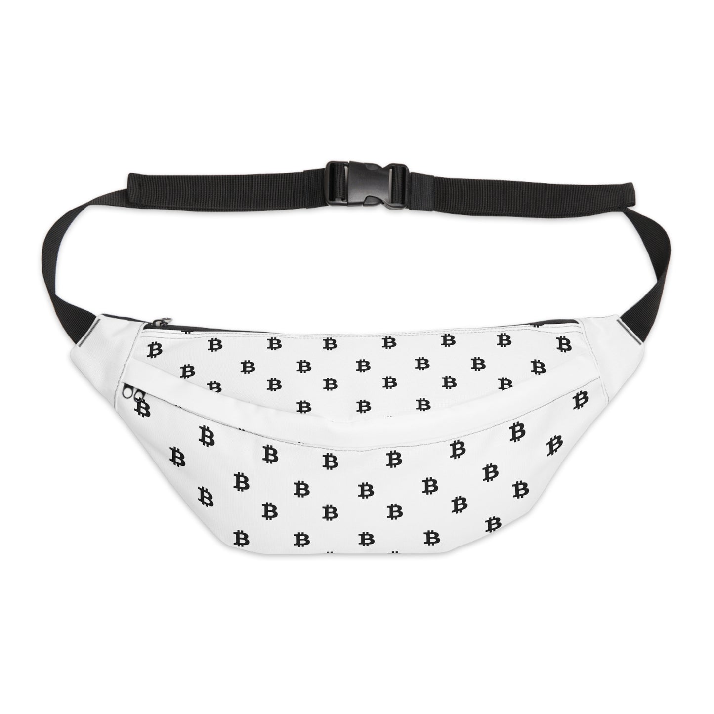 White HODL Haus fanny pack with repeating black Bitcoin symbols, adjustable black strap, and zippered compartments for stylish, secure storage.