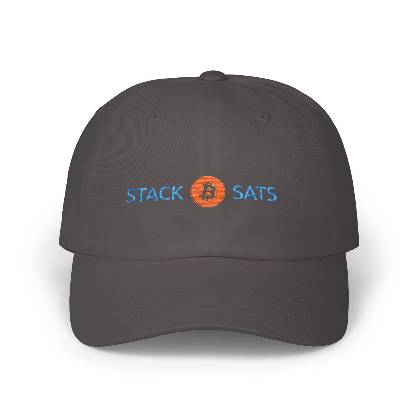 Dark Gray dad hat with embroidered “Stack ₿ Sats” text – Bitcoin minimalist design by HODL Haus