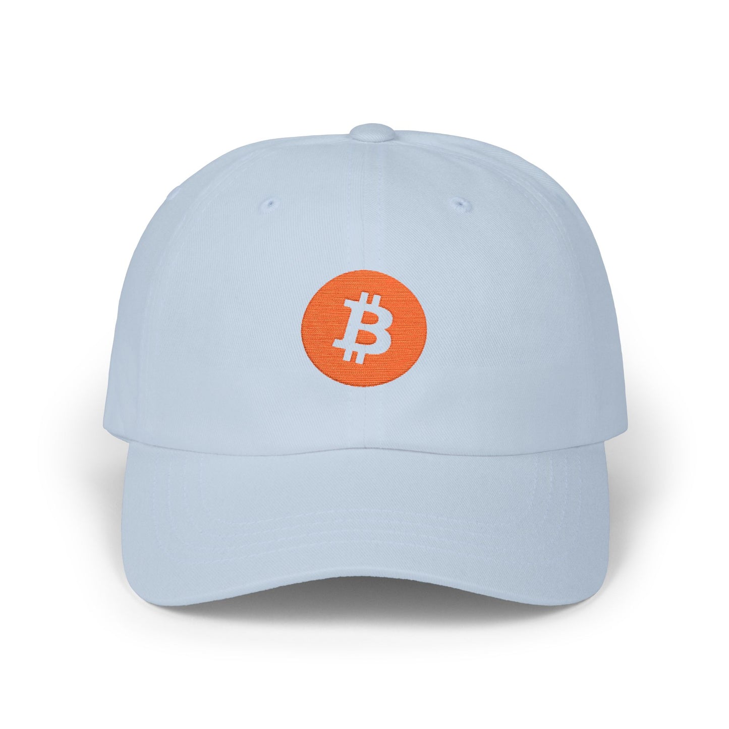 Dad hat with embroidered Bitcoin logo – minimalist crypto headwear by HODL Haus.