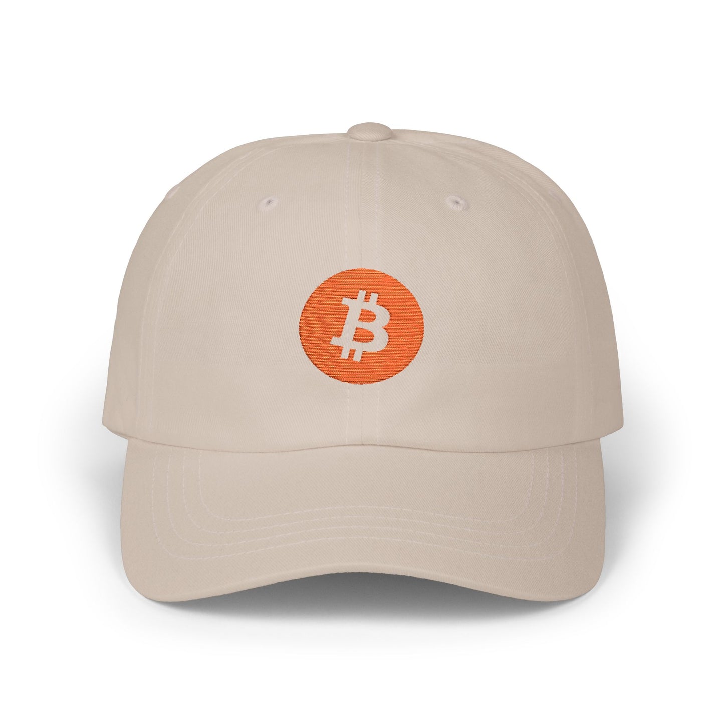Dad hat with embroidered Bitcoin logo – minimalist crypto headwear by HODL Haus.