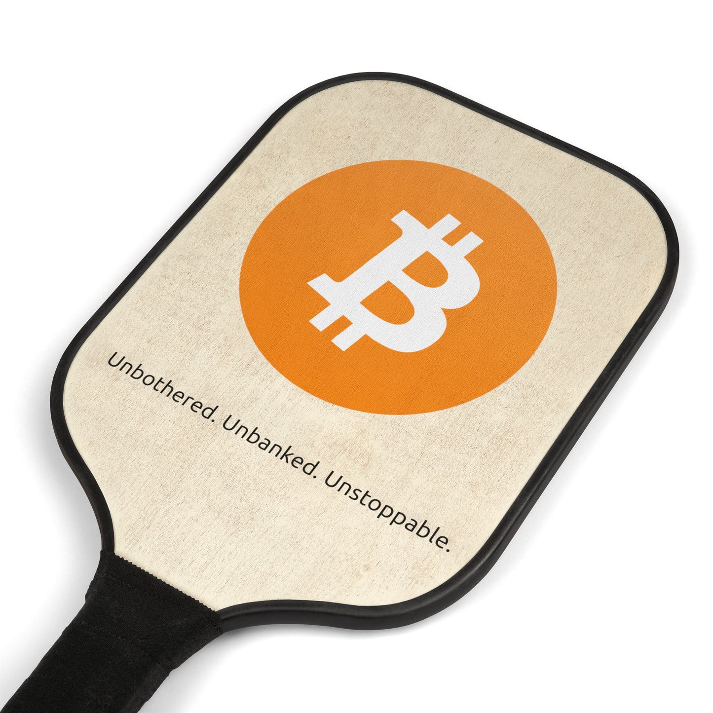 Bitcoin pickleball paddle set with ₿ symbol and “Unbothered. Unbanked. Unstoppable.” slogan, includes carry bag and balls.