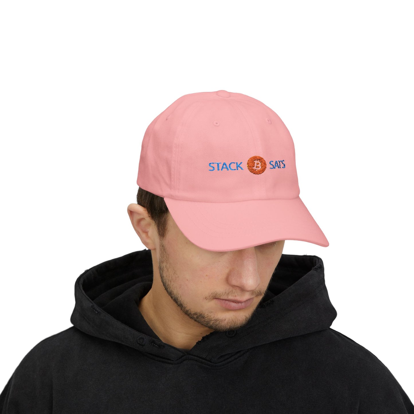 Dad hat with embroidered “Stack ₿ Sats” text – Bitcoin minimalist design by HODL Haus