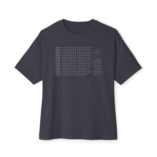 Minimalist Bitcoin T-shirt featuring the Genesis Block hexadecimal code on the front.