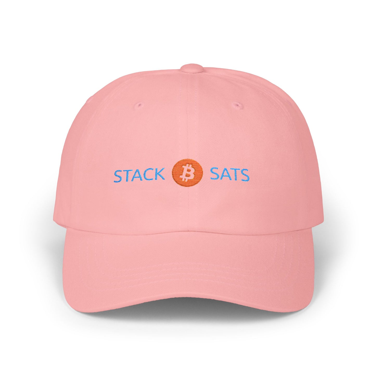 Pink dad hat with embroidered “Stack ₿ Sats” text – Bitcoin minimalist design by HODL Haus.