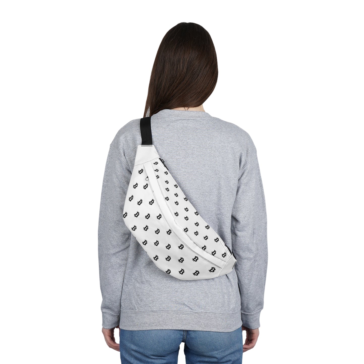 White HODL Haus fanny pack with repeating black Bitcoin symbols, adjustable black strap, and zippered compartments for stylish, secure storage.