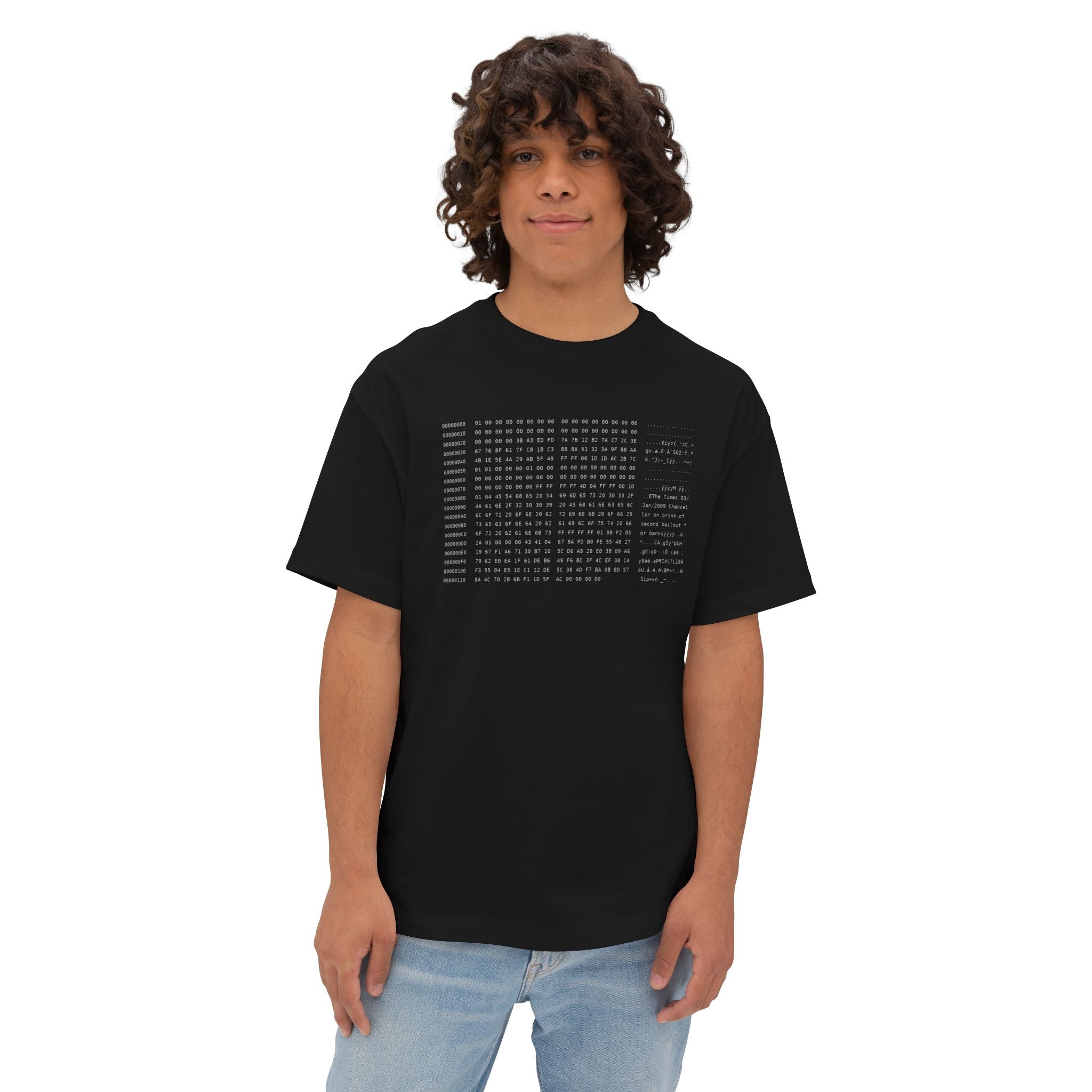 Minimalist Bitcoin T-shirt featuring the Genesis Block hexadecimal code on the front.