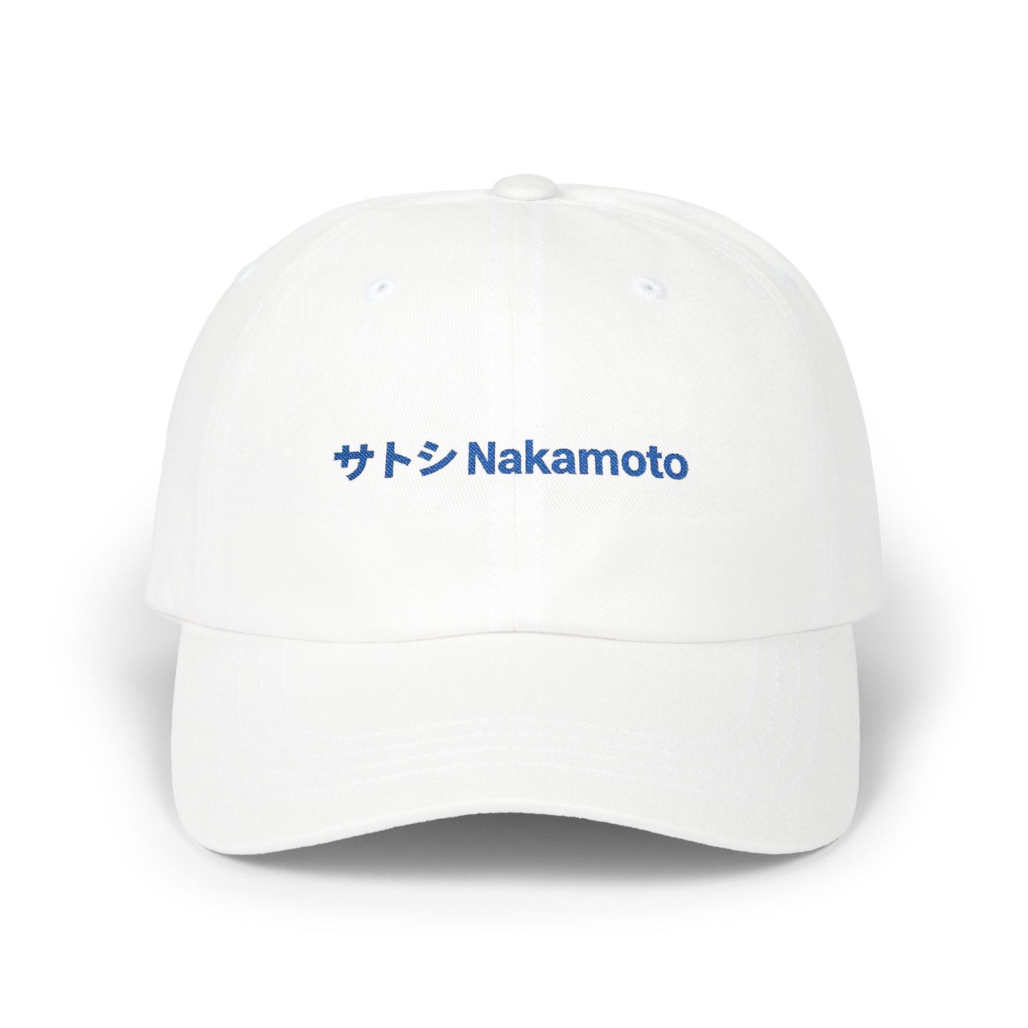 White hat with “サトシ × Nakamoto” embroidered in royal blue (Katakana × English).