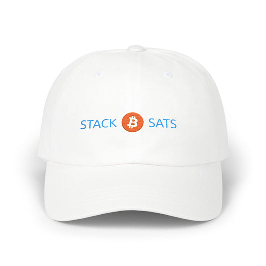 White dad hat with embroidered “Stack ₿ Sats” text – Bitcoin minimalist design by HODL Haus.