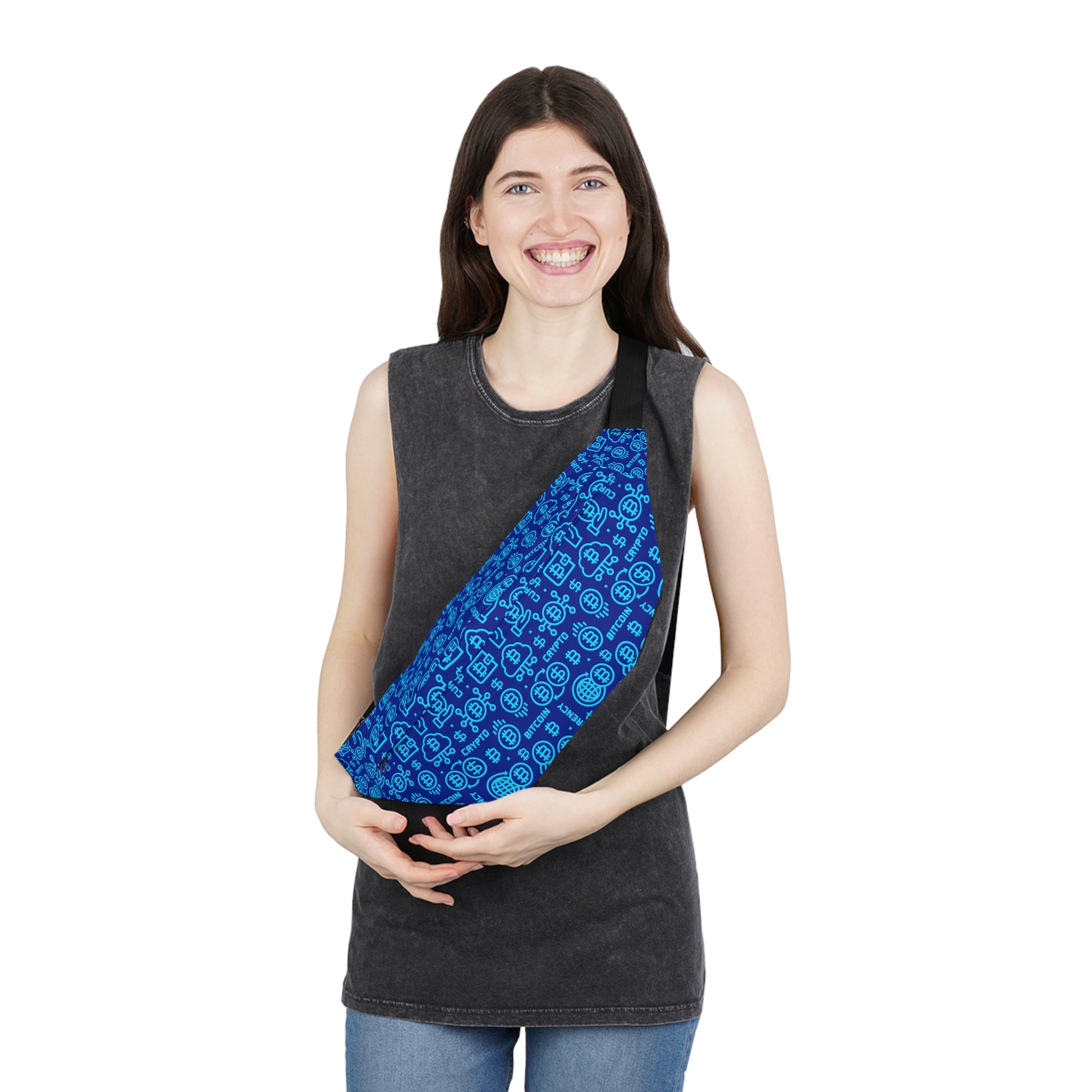 Blue Bitcoin-themed HODL Haus fanny pack with vibrant blockchain graphics, adjustable black strap, and zippered compartments for secure, stylish storage.