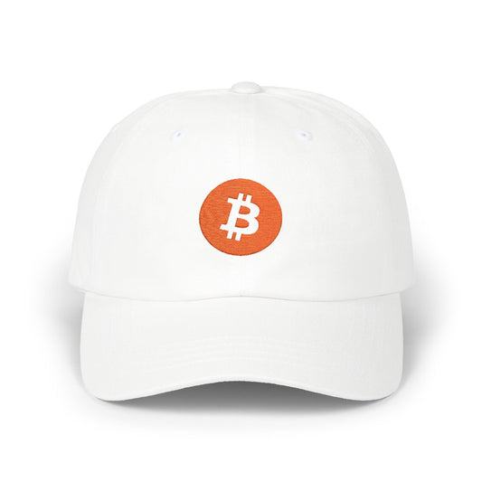 Dad hat with embroidered Bitcoin logo – minimalist crypto headwear by HODL Haus.