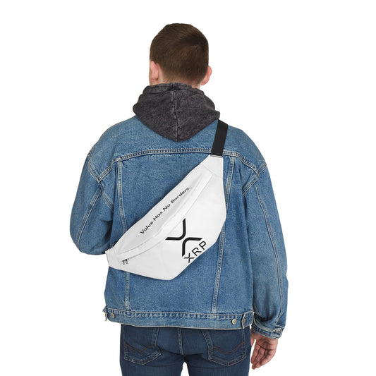 White HODL Haus fanny pack featuring the XRP logo and “Value Has No Borders” text, with black adjustable strap and zippered compartments.