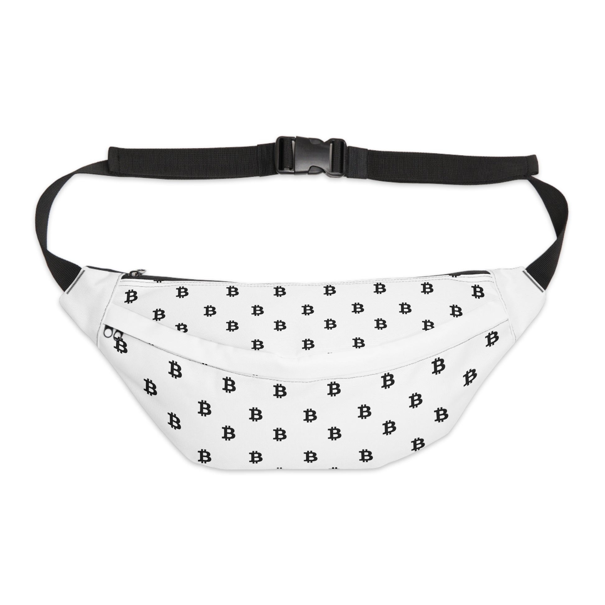 White HODL Haus fanny pack with repeating black Bitcoin symbols, adjustable black strap, and zippered compartments for stylish, secure storage.