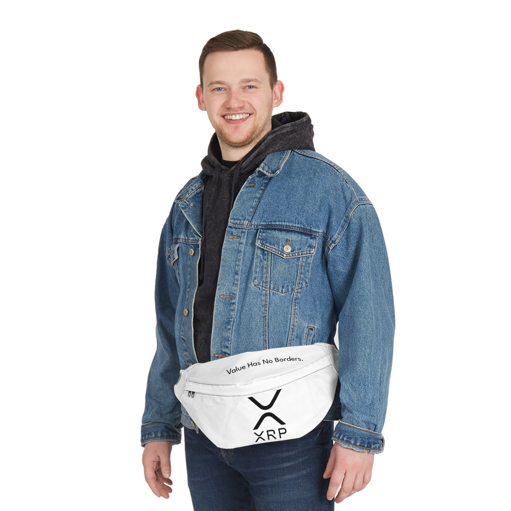 White HODL Haus fanny pack featuring the XRP logo and “Value Has No Borders” text, with black adjustable strap and zippered compartments.