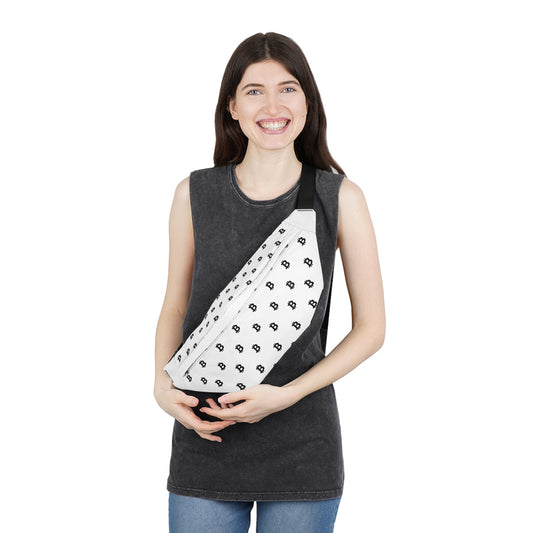 White HODL Haus fanny pack with repeating black Bitcoin symbols, adjustable black strap, and zippered compartments for stylish, secure storage.