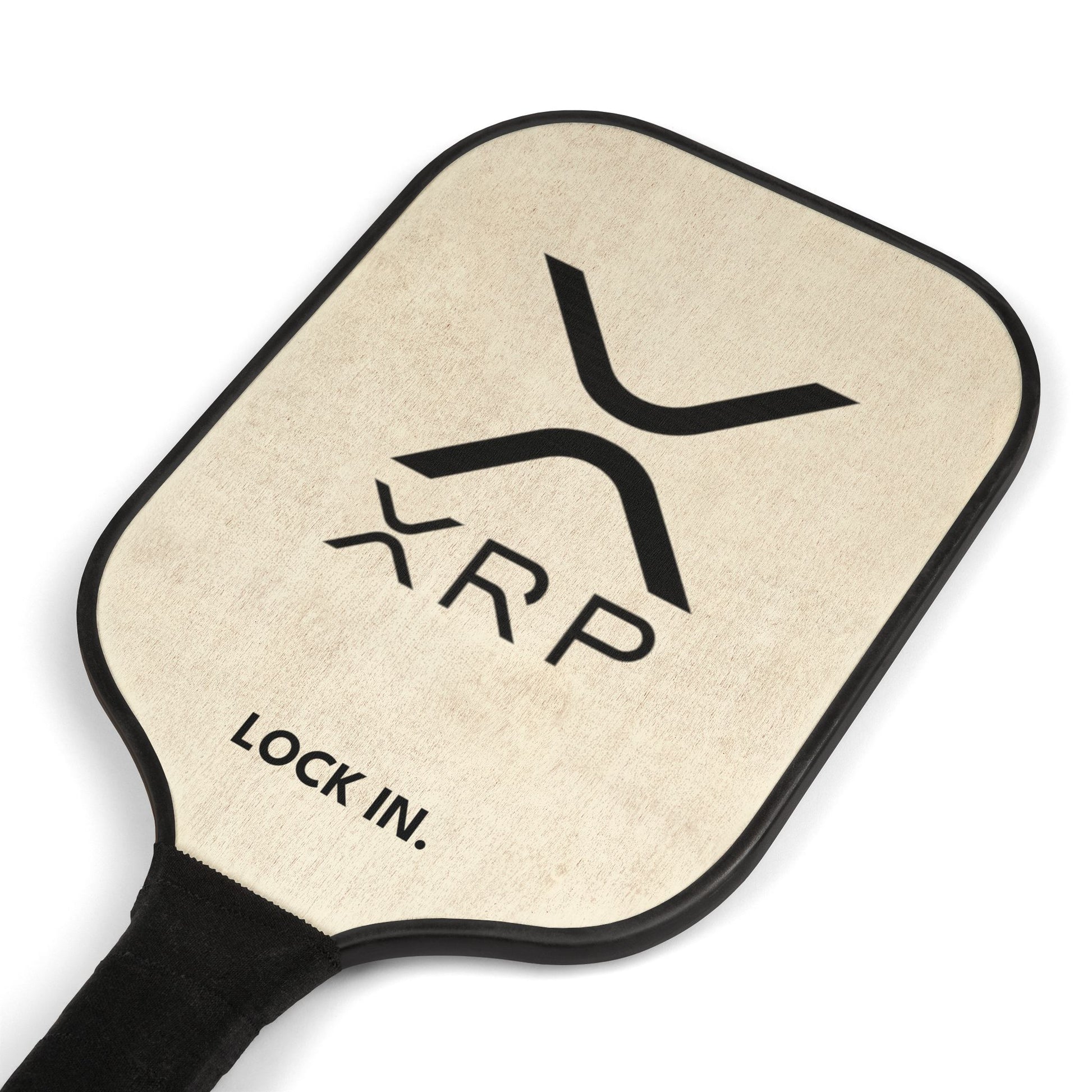 XRP pickleball paddle with bold XRP logo and “LOCK IN” text, wood construction, black poly-cotton handle, and bright graphics, includes carry bag.