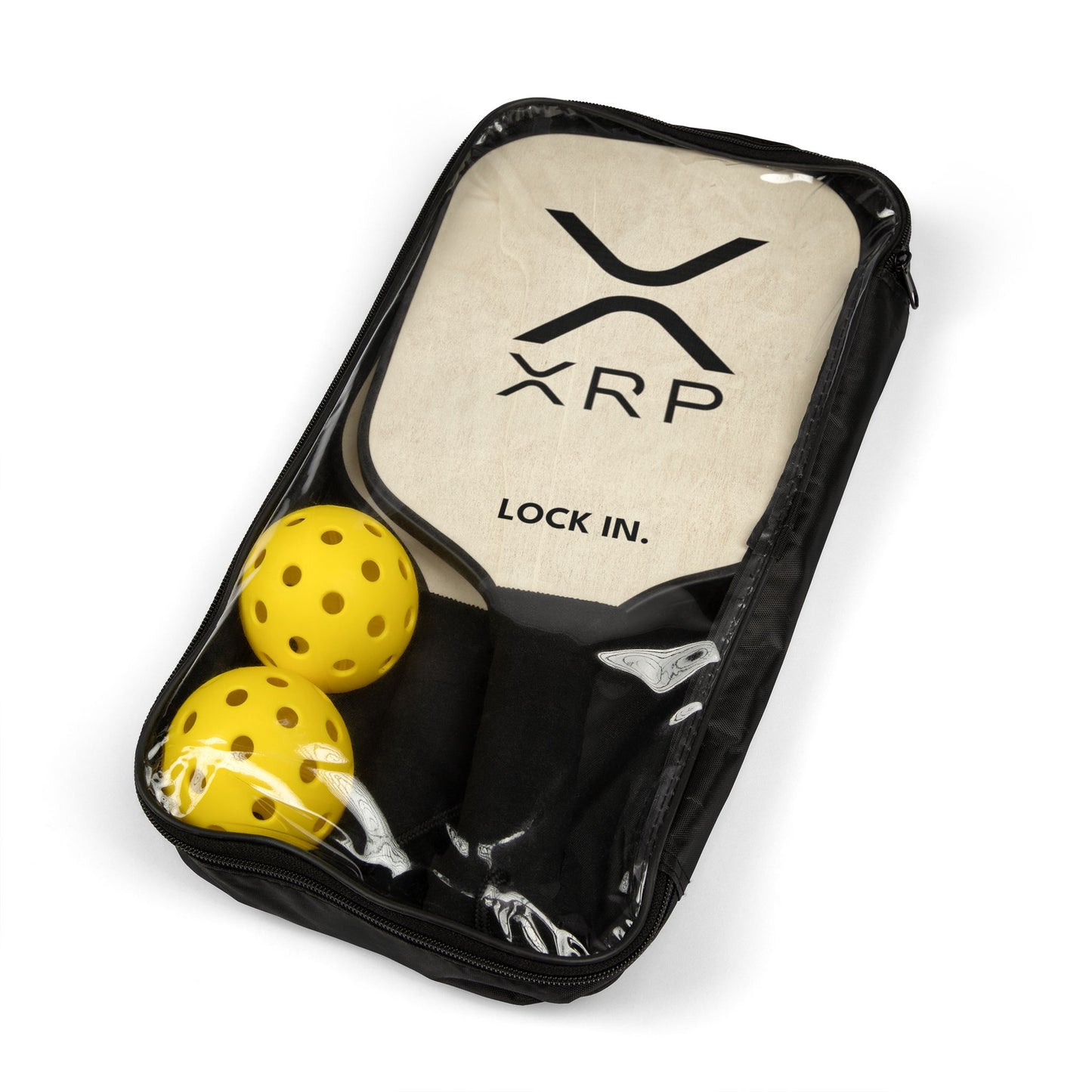 XRP pickleball paddle with bold XRP logo and “LOCK IN” text, wood construction, black poly-cotton handle, and bright graphics, includes carry bag.