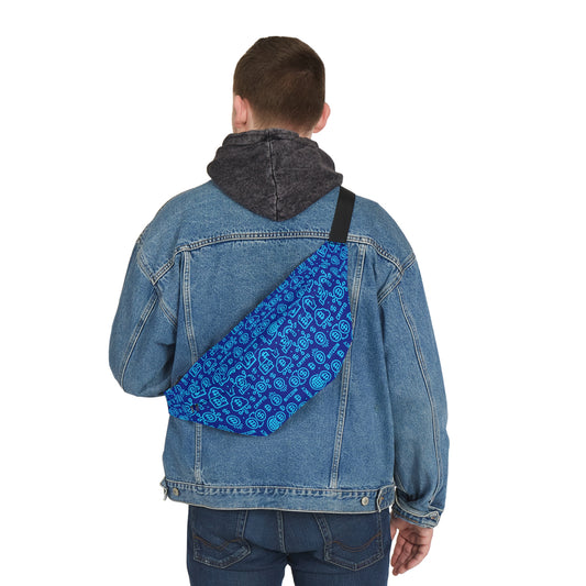 Blue Bitcoin-themed HODL Haus fanny pack with vibrant blockchain graphics, adjustable black strap, and zippered compartments for secure, stylish storage.