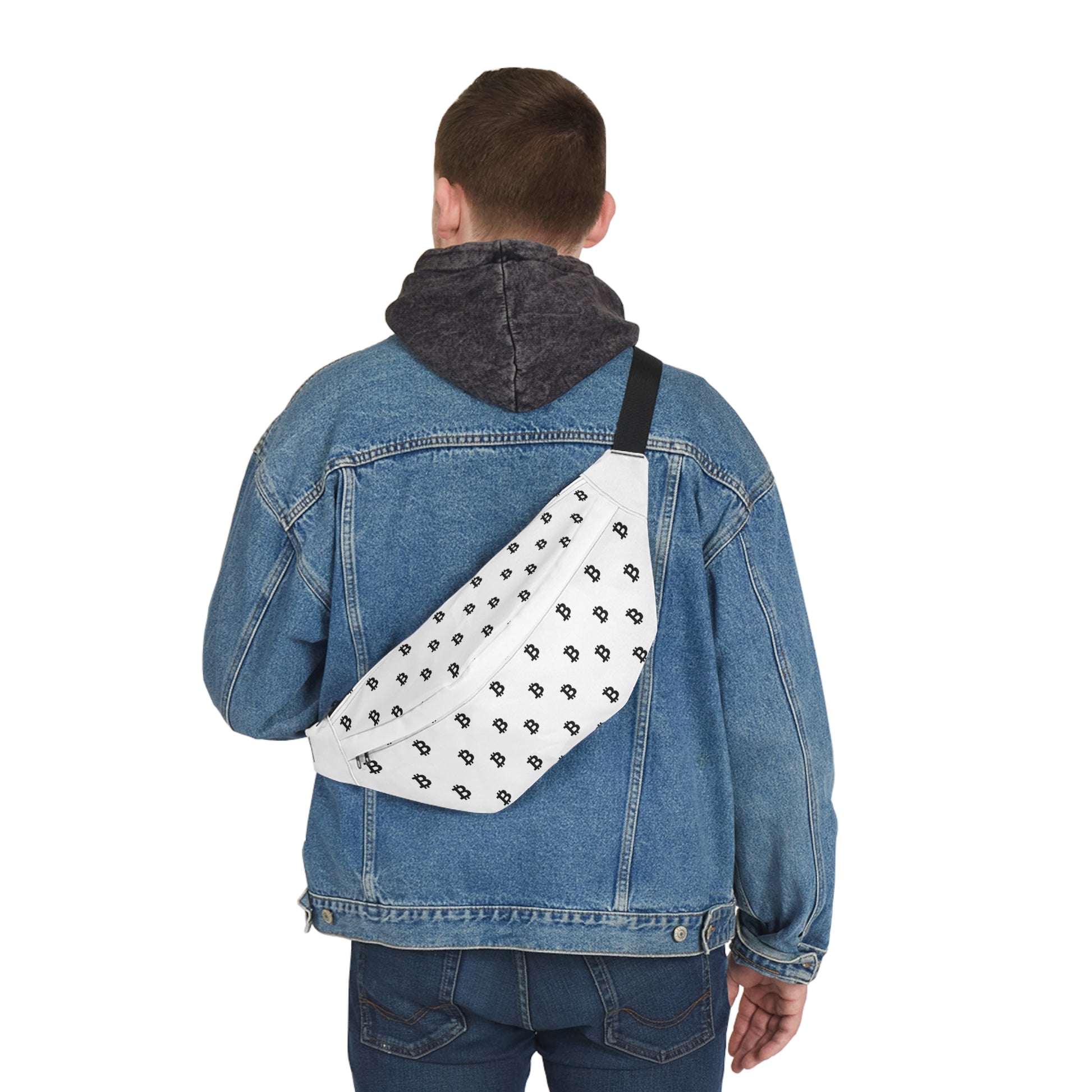 White HODL Haus fanny pack with repeating black Bitcoin symbols, adjustable black strap, and zippered compartments for stylish, secure storage.