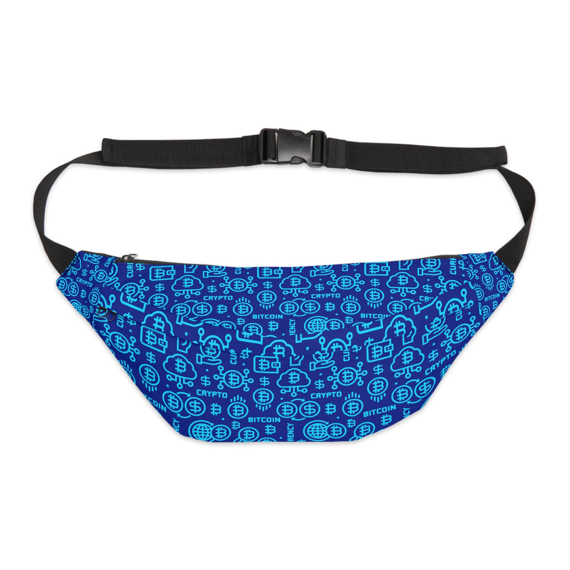 Blue Bitcoin-themed HODL Haus fanny pack with vibrant blockchain graphics, adjustable black strap, and zippered compartments for secure, stylish storage.