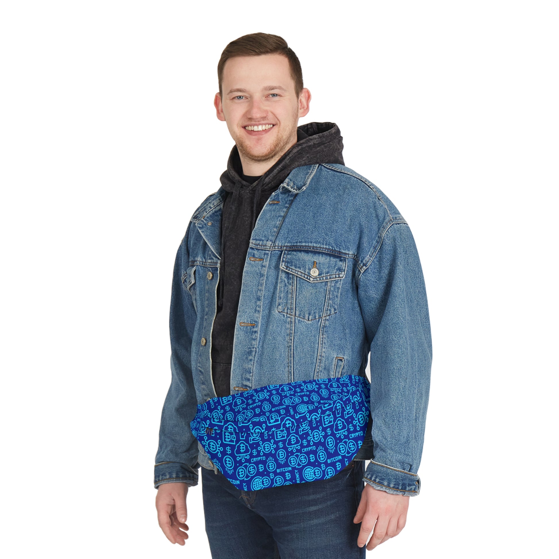 Blue Bitcoin-themed HODL Haus fanny pack with vibrant blockchain graphics, adjustable black strap, and zippered compartments for secure, stylish storage.