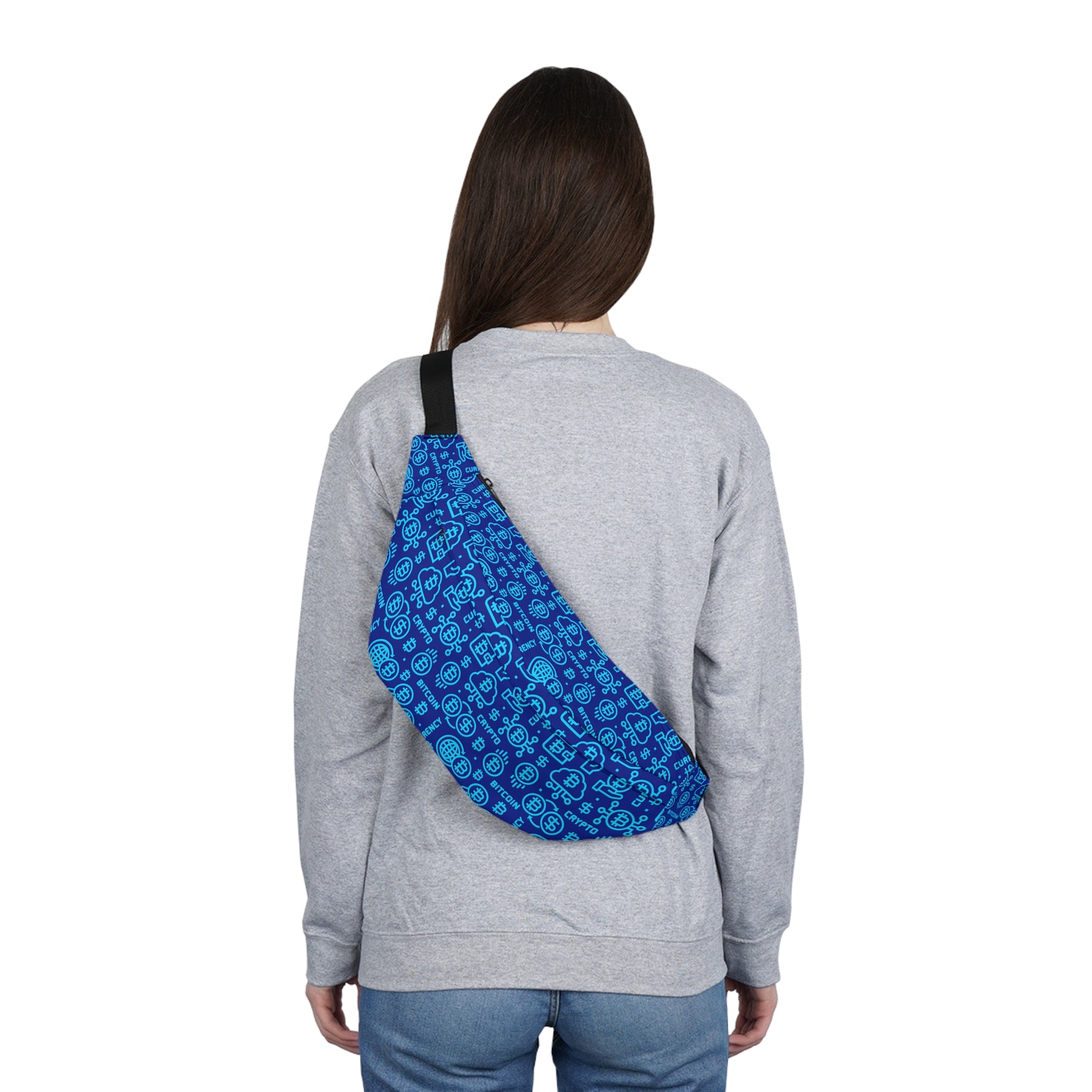 Blue Bitcoin-themed HODL Haus fanny pack with vibrant blockchain graphics, adjustable black strap, and zippered compartments for secure, stylish storage.