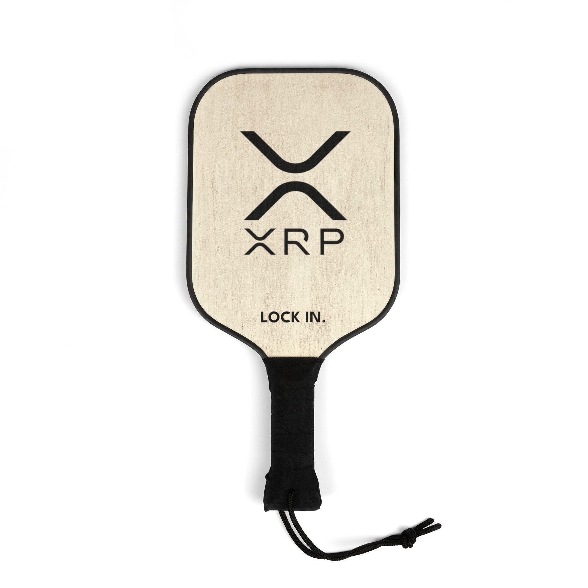 XRP pickleball paddle with bold XRP logo and “LOCK IN” text, wood construction, black poly-cotton handle, and bright graphics, includes carry bag.