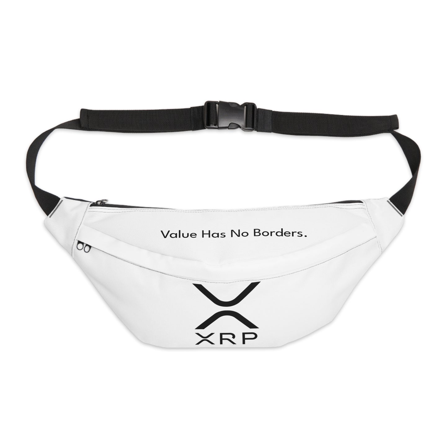 White HODL Haus fanny pack featuring the XRP logo and “Value Has No Borders” text, with black adjustable strap and zippered compartments.