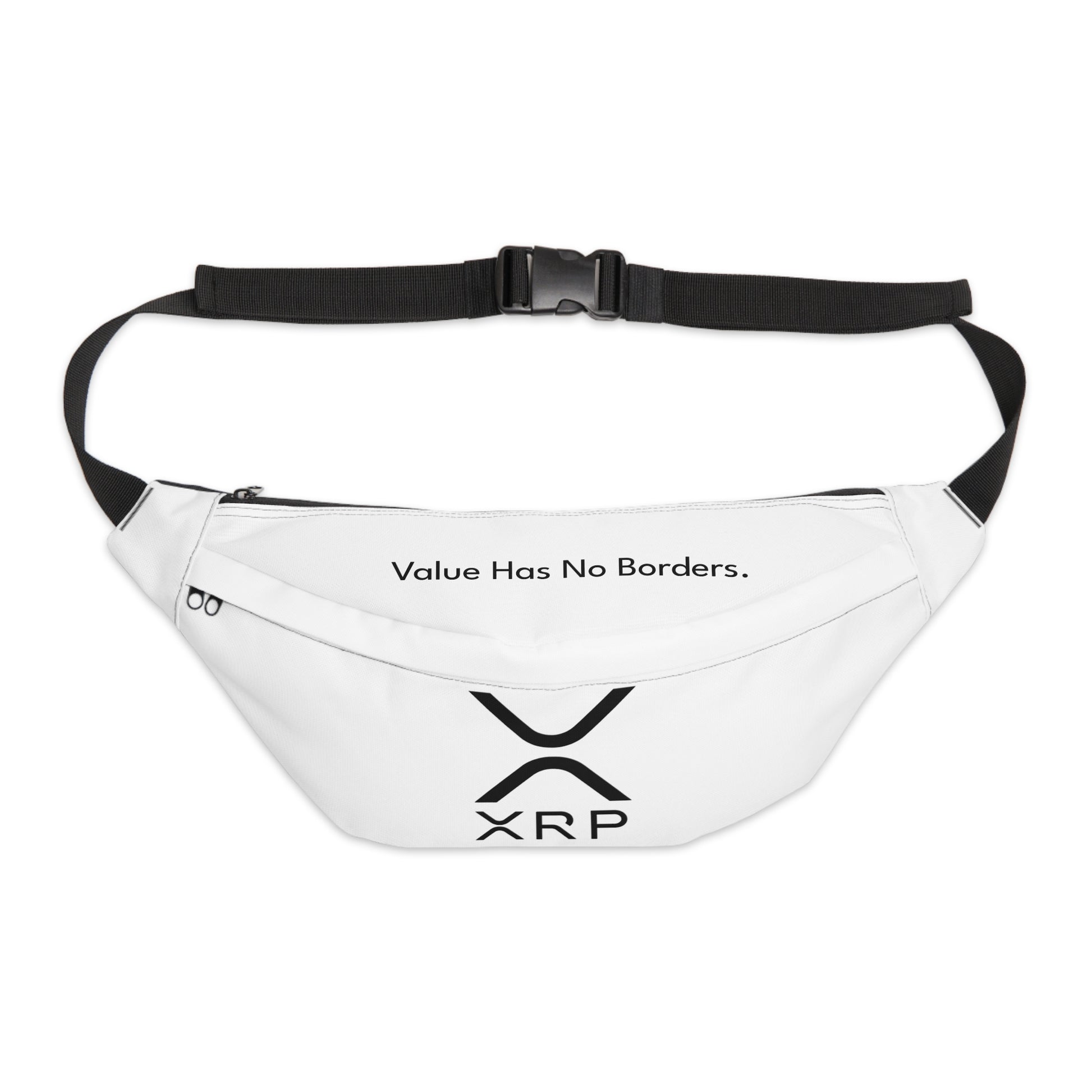 White HODL Haus fanny pack featuring the XRP logo and “Value Has No Borders” text, with black adjustable strap and zippered compartments.